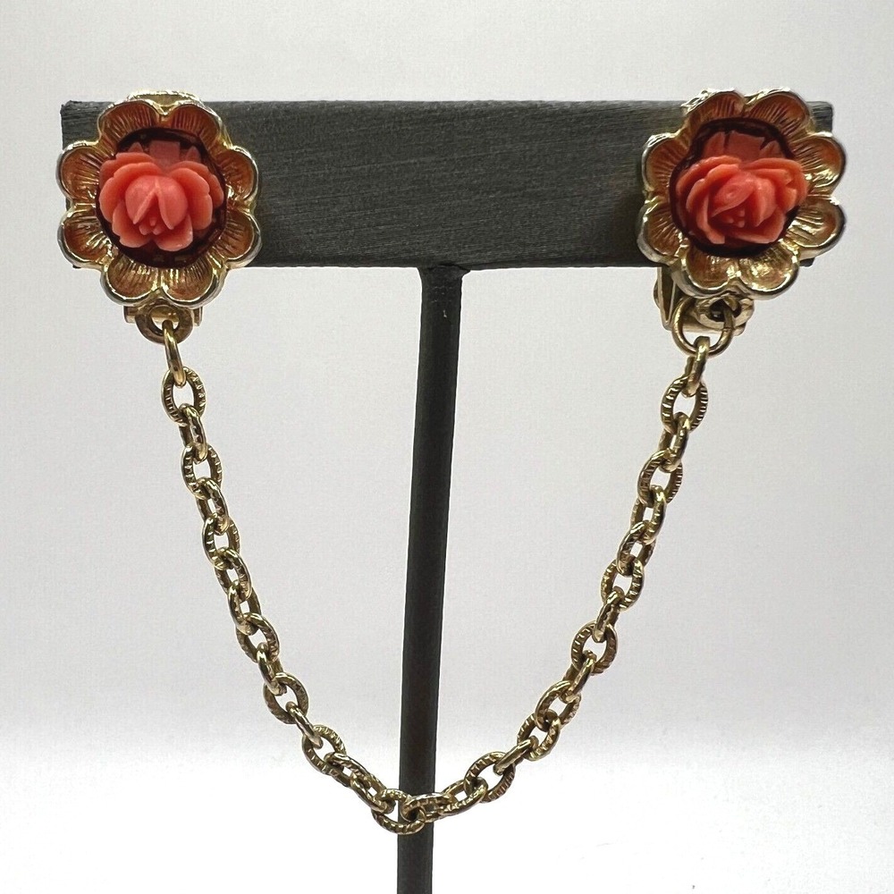 Vintage Flower Sweater Dress Clips Peach Acrylic Rose Gold Tone‎